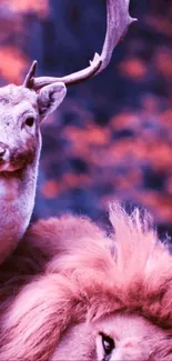 Artistic image of a deer and a lion in a forest with pink and purple hues.