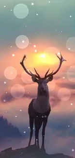 Majestic deer in misty sunrise landscape with vibrant colors.