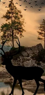 Silhouette of a deer at sunset, with trees and birds in the background.