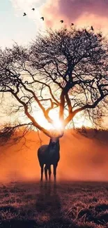 Majestic deer under a tree at sunset.