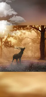 Majestic deer silhouetted against a golden sunset in a tranquil forest scene.