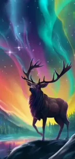 Deer silhouetted against aurora borealis in vibrant landscape wallpaper.