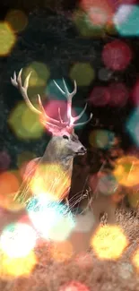 Majestic deer amidst colorful bokeh lights in a serene forest setting.