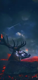 Majestic deer overlooking a city under a moonlit sky.