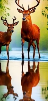 Two deer stand by a reflective lake with foliage.