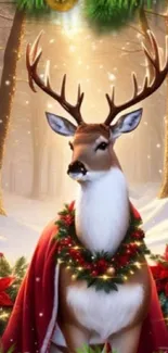 Majestic deer in a snowy forest with red cape and wreath.