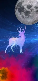 Majestic deer under moon in vibrant cosmic art.