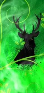 Green glowing wallpaper with deer silhouette.