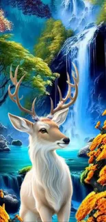 Majestic deer standing by a waterfall in a vibrant forest setting.