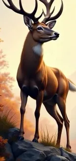 Majestic deer standing in autumn forest with vibrant foliage.