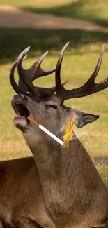 Majestic deer with antlers in an autumn field, showcasing nature's elegance.