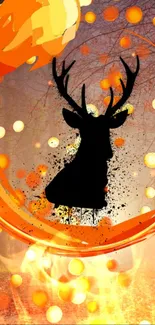 Deer silhouette with orange swirls in autumn-themed wallpaper.