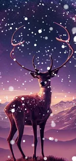 Majestic deer stands under a cosmic starry night sky with a purple and pink hue.