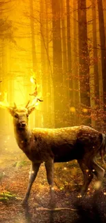 A deer standing in a sunlit, magical forest scene with glowing antlers.