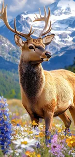Deer standing in a colorful meadow with mountains in the background.