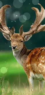 Majestic deer with large antlers in a glowing forest setting.