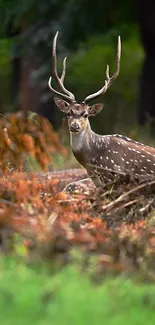 Majestic deer standing peacefully in a lush green forest scene.