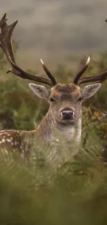 Majestic deer standing in lush green forest scenery.