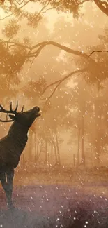 Majestic deer stands in a golden forest with gentle snowfall.