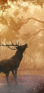 Majestic deer standing in a golden forest with a serene backdrop.