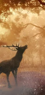 Majestic deer in golden forest under a serene sunset.