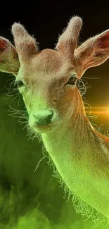 Deer in a luminous green setting with vibrant sunburst.