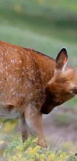 Deer gently grazing in a lush forest.