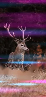 Deer standing in forest with vibrant neon lights.