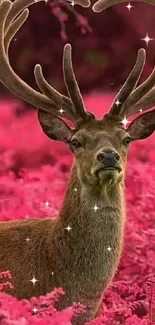 Majestic deer surrounded by vibrant pink foliage.