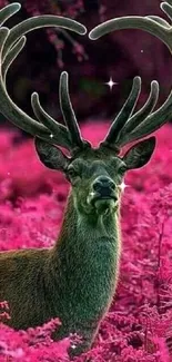 Majestic deer standing in a lush pink forest with vibrant foliage.