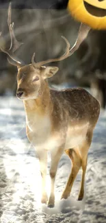 Majestic deer standing in a snowy forest with soft sunlight.