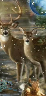 Two deer standing in a snowy winter forest.