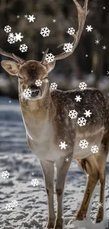 Majestic deer with antlers standing in snowy landscape with falling snowflakes.