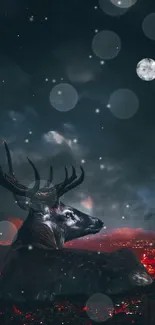 Majestic deer under a moonlit sky in an urban setting.