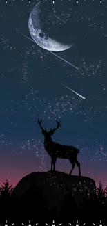 Silhouette of a deer under a starry sky and crescent moon.