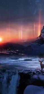 Deer on mountain at sunset with indigo sky and glowing horizon.