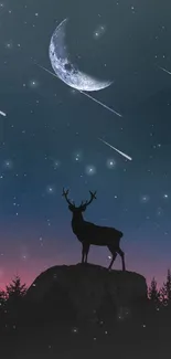 Silhouette of deer under a night sky with a crescent moon and stars.