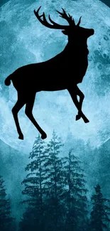 Silhouette of deer against a full moon in a forest scene.