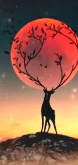 Deer standing beneath vibrant red sunset on hill silhouette.