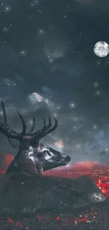 Majestic deer under the moonlight with a glowing city backdrop.