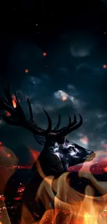 Majestic deer against a night sky over a glowing city landscape.