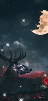 Majestic deer overlooking city beneath the moonlit sky.