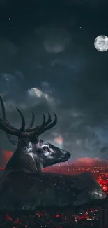 Majestic deer under the moonlit sky with city lights.