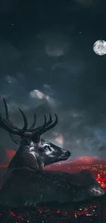 Majestic deer overlooking city lit under full moon in night sky.