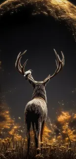 Deer under moonlight with glowing trees and a magical atmosphere.