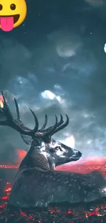 Majestic deer with city lights in a night sky.