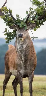 A majestic deer with leafy antlers stands proudly in a grassy field.