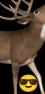 Wallpaper of a majestic deer with emoji on black background.