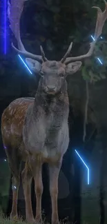 Majestic deer in a dark forest with neon blue accents.