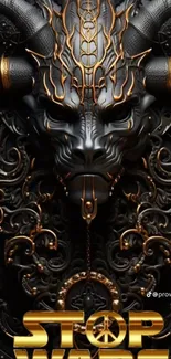 Black and gold demon art wallpaper with intricate details.